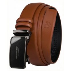 Skórzany, stylowy pasek męski w jasnobrązowym kolorze z automatyczną, czarną klamrą Peterson PTN A013-AB TAN. Brązowe paski damskie Peterson, bez wzorów, ze skóry, eleganckie. Za 59.99 zł.