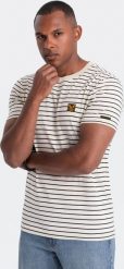 Ombre Męski t-shirt w paski z naszywką Ombre Design kremowo-czarny V1 OM-TSCT-0183 S. Białe t-shirty męskie Ombre, m, z aplikacjami, bez kołnierzyka. Za 89.99 zł.