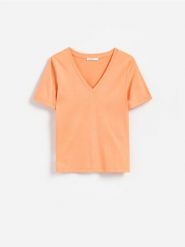 T-shirt z modalem - jasnopomarańczowy. Brązowe t-shirty damskie Reserved, l, bez wzorów, z dzianiny, bez kołnierzyka. Za 69.99 zł.