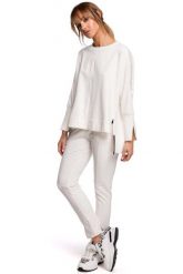 Wygodna Prosta Bluza z Lampasem - Ecru. Czarne bluzki damskie MOE, l, bez wzorów, z bawełny, bez kaptura. Za 229.90 zł.