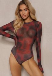 Bordowe Body z Siateczki z Długimi Rękawami i Wzorem Tie-Dye Itavia. Czerwone bluzki damskie Renee, l, bez wzorów, z jeansu, eleganckie, bez kołnierzyka, bez ramiączek. Za 69.99 zł.