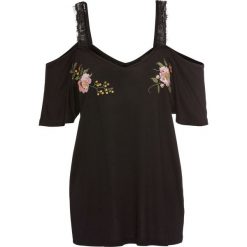 Shirt z koronką i haftem bonprix czarny. Czarne bluzki damskie bonprix, bez wzorów, z koronki, bez kołnierzyka, bez ramiączek. Za 59.99 zł.