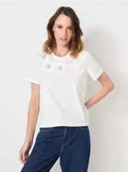 Bawełniana koszulka z aplikacją 3D - biały. Białe t-shirty damskie Sinsay, l, z aplikacjami, z bawełny, bez kołnierzyka. Za 35.99 zł.
