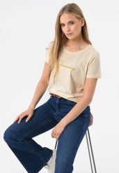 Koszulka z napisem T-DECORE. Białe t-shirty damskie Volcano, m, z aplikacjami, z bawełny, klasyczne, bez kołnierzyka. Za 69.99 zł.