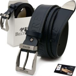 Beltimore Beltimore męski skórzany pasek szeroki jeans granatowy 520. Niebieskie paski damskie Beltimore, bez wzorów, z jeansu. Za 59.99 zł.