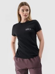 4F T-shirt slim z nadrukiem damski - czarny S. Czarne koszulki sportowe damskie 4f, s, bez wzorów, z dzianiny, klasyczne, bez kołnierzyka. Za 29.99 zł.