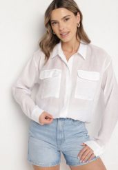 Biała Koszula z Modalem i Ozdobnymi Kieszeniami Mavisene. Białe bluzki damskie Born2be, uniwersalny, bez wzorów, z jeansu, eleganckie, bez kołnierzyka, bez ramiączek. Za 109.99 zł.