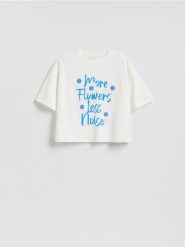 Bawełniany t-shirt z aplikacją - biały. Białe t-shirty damskie Reserved, l, z aplikacjami, z bawełny, bez kołnierzyka. Za 59.99 zł.