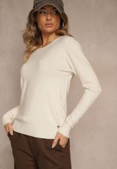 Beżowy Gładki Sweter w Minimalistycznym Stylu Tevra. Brązowe swetry damskie Renee, l, bez wzorów, z jeansu, casualowe, bez kołnierzyka, bez ramiączek, bez kaptura. Za 59.99 zł.