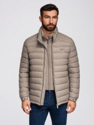 Męska pikowana kurtka z dwoma zapięciami - ciemnobeżowa V4 - Rozmiar: XL. Brązowe kurtki męskie Ombre Clothing, m, z aplikacjami, z materiału, eleganckie, bez kaptura. W wyprzedaży za 254.99 zł.
