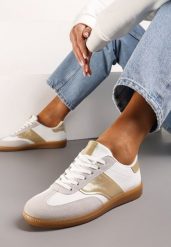 Biało-Złote Sneakersy Tenisówki z Klasycznym Sznurowaniem Norio. Białe trampki i tenisówki damskie Renee, bez wzorów, z jeansu, klasyczne, bez zapięcia. Za 69.99 zł.