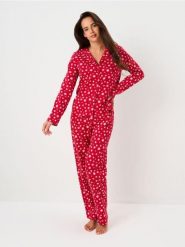 Bawełniana piżama dwuczęściowa ze wzorem - czerwony. Czerwone piżamy damskie Sinsay, l, bez wzorów, z bawełny, bez ramiączek. Za 79.99 zł.