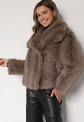 Jasnobrązowa Futrzana Kurtka z Cieniowanym Wzorem Monizavia. Brązowe kurtki damskie Born2be, l, bez wzorów, z futra, bez kaptura. Za 229.99 zł.