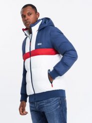 Kolorowa sportowa kurtka męska w stylu retro – niebiesko-biała V1 - Rozmiar: S. Niebieskie kurtki męskie Ombre Clothing, m, z aplikacjami, z gumy. W wyprzedaży za 149.99 zł.