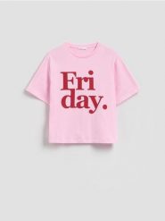 Bawełniany t-shirt z nadrukiem - pastelowy róż. Czerwone t-shirty damskie Reserved, l, bez wzorów, z bawełny, bez kołnierzyka. Za 59.99 zł.