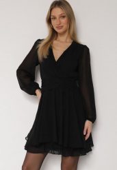 Czarna Rozkloszowana Sukienka z Siateczki z Kopertowym Dekoltem Zenessa. Czarne sukienki damskie Born2be, m, bez wzorów, z materiału, bez kołnierzyka, bez ramiączek, mini, kopertowe. Za 149.99 zł.