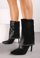 Czarne Botki na Szpilce z Wywiniętą Cholewką z Nitami Accendia. Czarne botki damskie Born2be, eleganckie, bez obcasa, na obcasie, bez zapięcia. Za 169.99 zł.