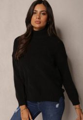 Czarny Casualowy Golf ze Ściągaczami przy Rękawach Yasmeella. Czarne swetry damskie Renee, bez wzorów, bez kołnierzyka, bez ramiączek, bez kaptura. Za 69.99 zł.