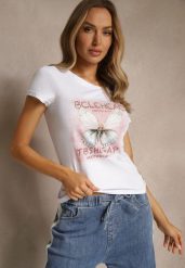 Biały T-shirt z Bawełny Ozdobiony Cyrkoniami i Motylem Uliadwena. Białe bluzki damskie Renee, s, bez wzorów, z bawełny, klasyczne, bez kołnierzyka. Za 39.99 zł.