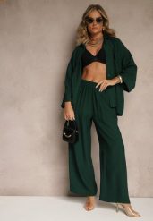 Ciemnozielony Wiskozowy Komplet Oversize Koszula i Spodnie Wide Leg Zierana. Zielone koszule damskie Renee, bez wzorów, z materiału. Za 99.99 zł.