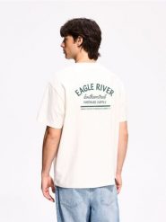 T-shirt boxy z nadrukiem na plecach - złamana biel. T-shirty męskie Reserved, l, bez wzorów, z bawełny, bez kołnierzyka. Za 69.99 zł.