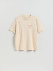 T-shirt relaxed z nadrukiem na plecach - kremowy. Białe t-shirty męskie Reserved, l, bez wzorów, z bawełny, bez kołnierzyka. Za 69.99 zł.