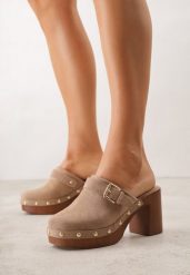 Ciemnobeżowe Klapki na Słupku w Stylu Chodaków z Klamrami i Nitami Semelaia. Brązowe klapki damskie Renee, z aplikacjami, boho, bez obcasa, na obcasie. Za 149.99 zł.