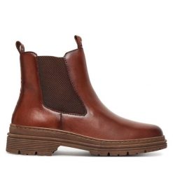 Botki Tamaris. Brązowe botki damskie Tamaris, bez obcasa, na płaskiej podeszwie, bez zapięcia. Za 349.99 zł.