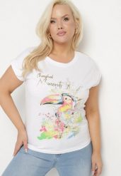 Biały T-shirt z Bawełny z Nadrukiem i Metalicznym Napisem Norsemi. Białe bluzki damskie Born2be, xl, bez wzorów, z bawełny, bez kołnierzyka. Za 34.99 zł.