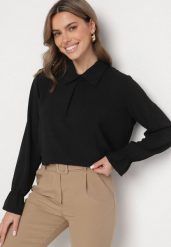 Czarna Koszula Ozdobiona Falbankami przy Rękawach i Marszczeniem Araniella. Czarne bluzki damskie Born2be, m, z aplikacjami, z jeansu, eleganckie, bez kołnierzyka, bez ramiączek. Za 54.99 zł.