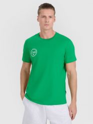 4F T-shirt regular z nadrukiem męski - zielony L. Zielone koszulki sportowe męskie 4f, l, bez wzorów, z bawełny, klasyczne, bez kołnierzyka. Za 49.99 zł.