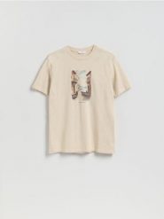 T-shirt regular z nadrukiem - beżowy. Brązowe t-shirty męskie Reserved, l, bez wzorów, z bawełny, bez kołnierzyka. Za 59.99 zł.