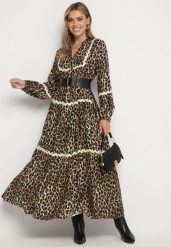 Brązowa Sukienka w Panterkę w Stylu Retro z Ozdobnymi Lamówkami Zetizia. Brązowe sukienki damskie Born2be, na co dzień, l, bez wzorów, z wiskozy, eleganckie, bez kołnierzyka, bez ramiączek, maxi, dopasowane. Za 84.99 zł.