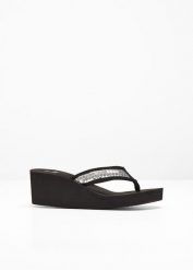 Klapki na koturnie z cekinami. Czarne klapki damskie bonprix, bez wzorów, eleganckie, bez obcasa, na koturnie. Za 64.99 zł.