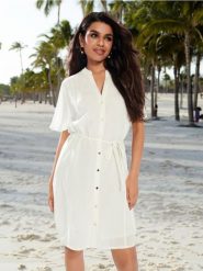 Sukienka mini koszulowa - kremowy. Białe sukienki damskie Sinsay, l, bez wzorów, ze skóry, bez kołnierzyka, bez ramiączek, mini, koszulowe. Za 49.99 zł.