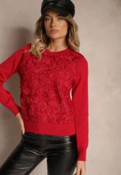 Czerwony Sweter z Wiskozą Ozdobiony Aplikacjami z Siateczki Harilia. Czerwone swetry damskie Renee, z aplikacjami, z jeansu, casualowe, bez kołnierzyka, bez ramiączek, bez kaptura. Za 129.99 zł.