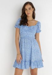 Niebieska Sukienka Emas. Niebieskie sukienki damskie Born2be, m, bez wzorów, z tkaniny, bez kołnierzyka, bez ramiączek, mini. Za 129.99 zł.