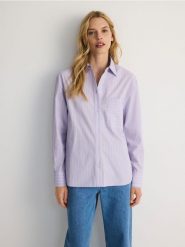 Koszula w paski - lawendowy. Fioletowe koszule damskie Reserved, l, bez wzorów, z bawełny, bez kołnierzyka, bez ramiączek. W wyprzedaży za 29.99 zł.