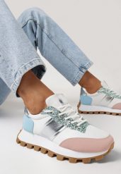 Różowe Sneakersy na Grubej Podeszwie z Metaliczną Wstawką Lullara. Białe obuwie sportowe damskie Born2be, bez wzorów. Za 109.99 zł.