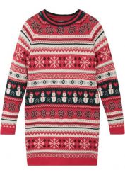 Sukienka dzianinowa dziewczęca w zimowy deseń. Czerwone sukienki dla dziewczynek bonprix, na zimę, z aplikacjami, z dzianiny, bez ramiączek. Za 124.99 zł.