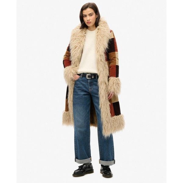 Damski długi płaszcz Superdry Afghan Patchwork. Brązowe płaszcze damskie Superdry., bez wzorów, boho, długie, bez kaptura. W wyprzedaży za 1,020.40 zł.