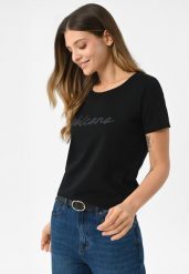 Bawełniana koszulka T-PARSLEY. Czarne t-shirty damskie Volcano, m, z aplikacjami, z bawełny, eleganckie, bez kołnierzyka. Za 69.99 zł.