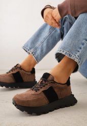 Ciemnobrązowe Zamszowe Sneakersy na Podeszwie Chunky z Perforowaną Cholewką Cezarlina. Brązowe obuwie sportowe damskie Renee, bez wzorów, z jeansu. Za 229.99 zł.