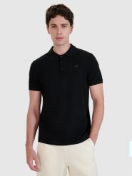 4F Koszulka polo regular męska - czarna S. Czarne koszulki polo męskie 4f, m, bez wzorów, z bawełny, bez kołnierzyka, bez ramiączek. Za 89.99 zł.