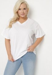 Biały T-shirt z Bawełny z Dekoltem w Serek Aveltebia. Białe bluzki damskie Born2be, uniwersalny, bez wzorów, z bawełny, klasyczne, bez kołnierzyka. Za 34.99 zł.