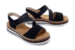 Rieker V7974-14 blau, sandały damskie. Niebieskie sandały damskie Rieker, bez wzorów, bez obcasa, na koturnie, bez zapięcia. Za 329.90 zł.