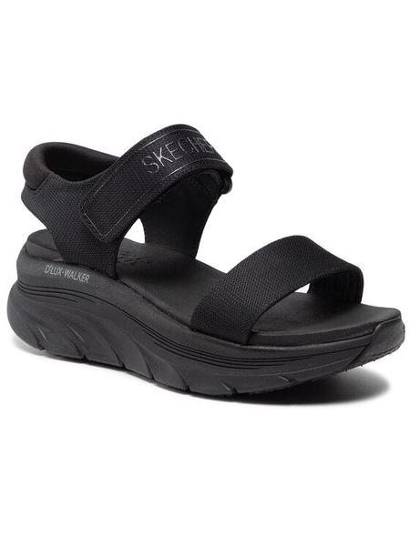 Skechers Sandały New Block 119226/BBK Czarny. Czarne klapki damskie Skechers, bez wzorów, z materiału, bez obcasa, na koturnie, bez zapięcia. Za 199.99 zł.