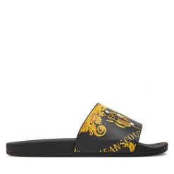 Klapki Versace Jeans Couture. Czarne klapki damskie Versace Jeans Couture, bez wzorów, z jeansu, bez obcasa. Za 219.99 zł.