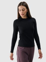 4F Longsleeve gładki bezszwowy damski - czarny M/L. Czarne koszulki sportowe damskie 4f, l, bez wzorów, z dzianiny, bez kołnierzyka, bez ramiączek. W wyprzedaży za 39.99 zł.