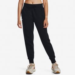 Spodnie fitness damskie UA Rival Fleece. Czarne obuwie sportowe damskie Under Armour, bez wzorów, z dresówki, na fitness i siłownię. Za 139.99 zł.